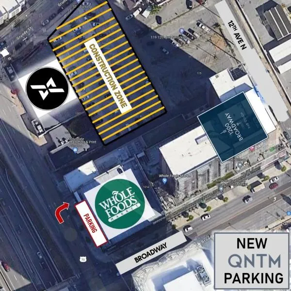 Aerial map showing QNTM Fit Life's location and free parking in The Gulch, Nashville