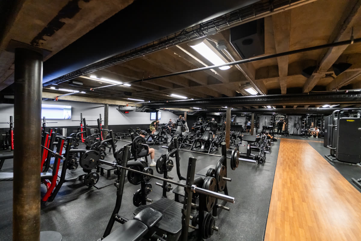 Loaded barbells, plates and racks on the strength floor at QNTM Fit Life